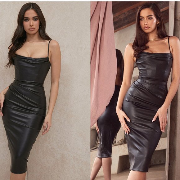 HOUSE OF CB 'Luanne' Black Vegan Leather Corset Midi Dress NWOT - Picture 3 of 12